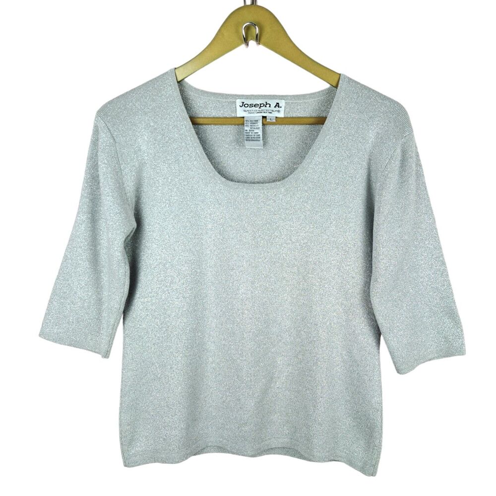 Vintage Joseph A Silver Tone Silk Blend Metallic Knit Top Size L Slim Fit